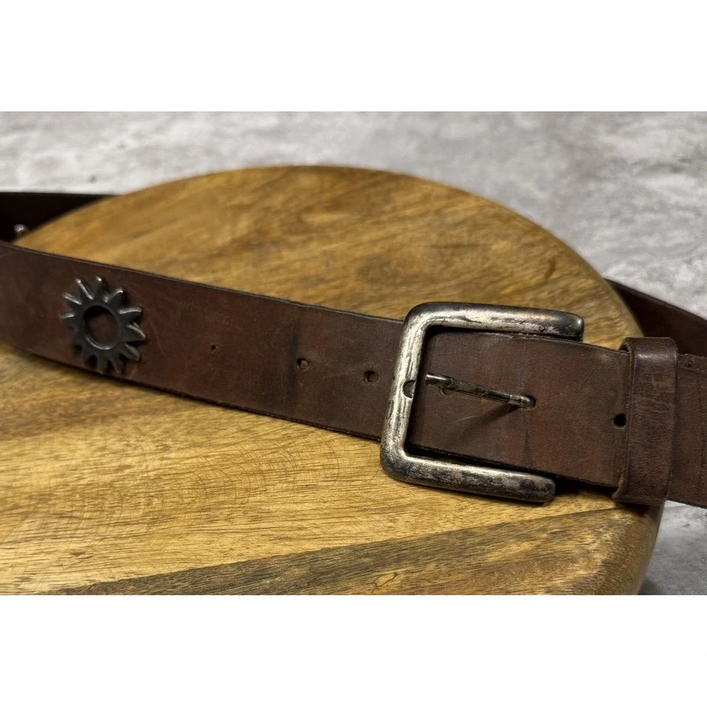 Western Leather Belt Mens Large Brown Sunburst Silver Buckle Canada Sun Aztec‎
